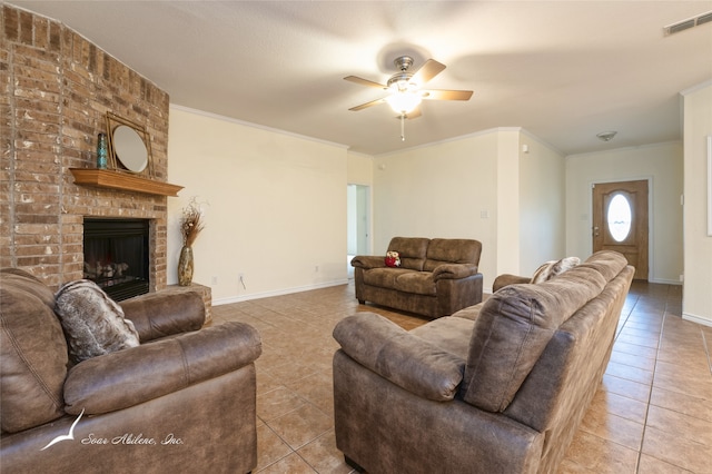 living room with a fireplace, light tile patterned flooring, and ornamental molding