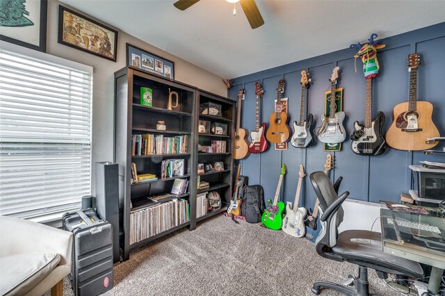 office area featuring ceiling fan and carpet floors