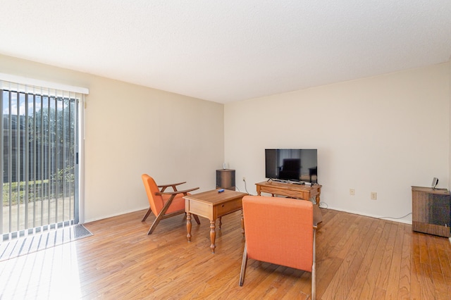 living room with light wood-type flooring and a textured ceiling