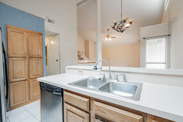 kitchen featuring dishwasher, sink, decorative light fixtures, light tile patterned flooring, and ceiling fan with notable chandelier