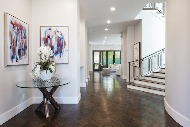 interior space with dark parquet floors