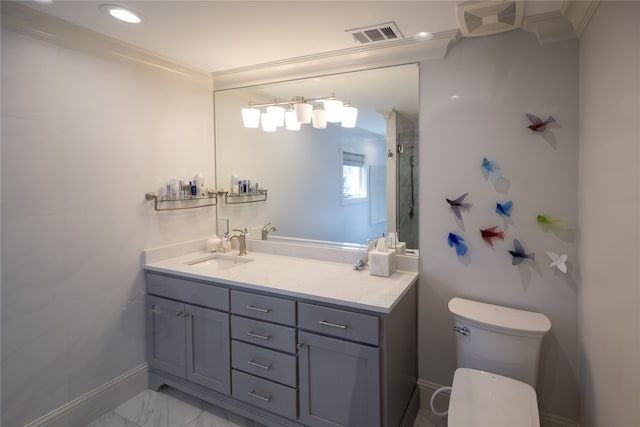 bathroom featuring a shower, vanity, toilet, and ornamental molding