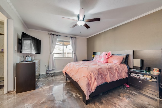 bedroom featuring ornamental molding and ceiling fan