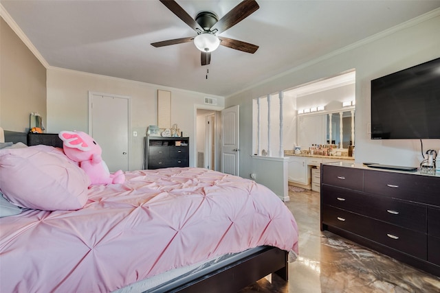 bedroom with connected bathroom, ornamental molding, and ceiling fan