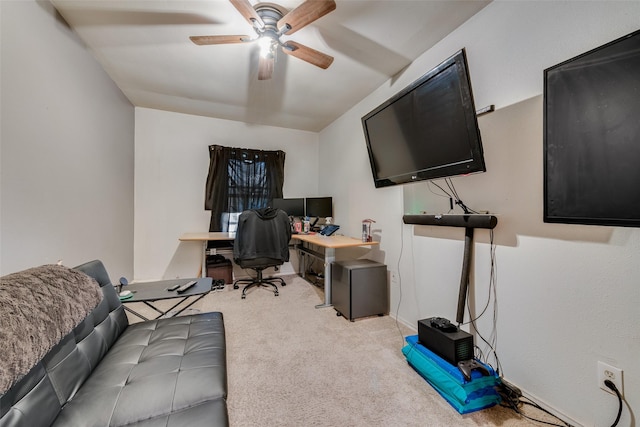 office with light colored carpet and ceiling fan