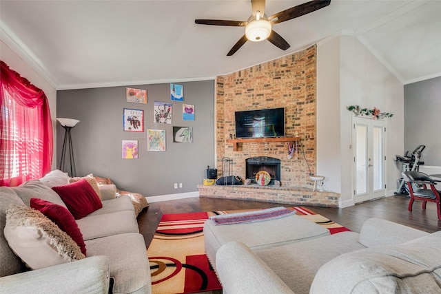 living room with dark hardwood / wood-style flooring, crown molding, and vaulted ceiling