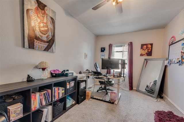 office space with carpet floors and ceiling fan