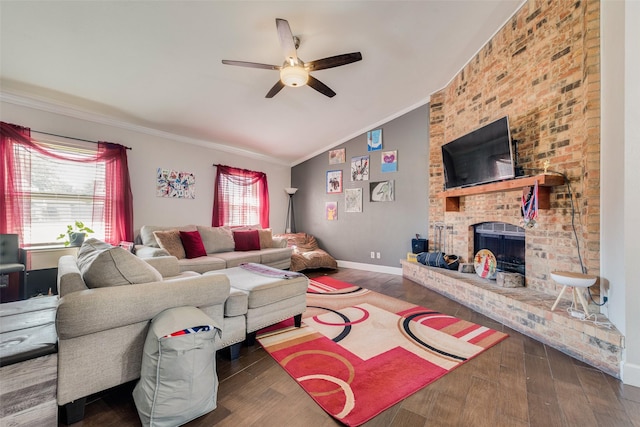 living room with a brick fireplace, ornamental molding, dark hardwood / wood-style flooring, and lofted ceiling