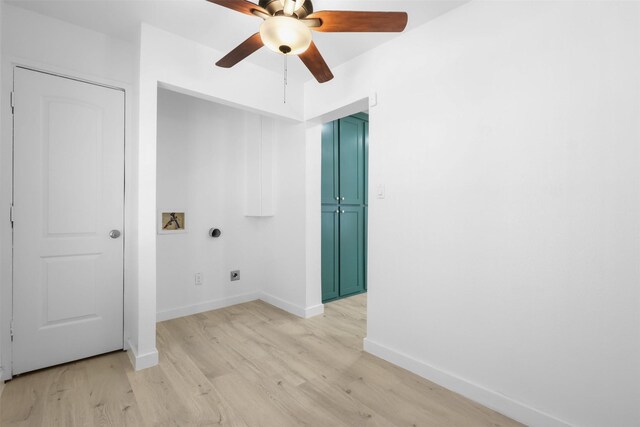 laundry room featuring ceiling fan, light hardwood / wood-style flooring, washer hookup, and hookup for an electric dryer