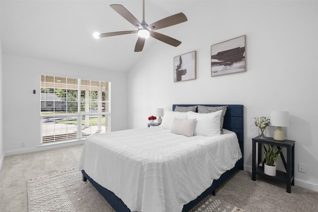 bedroom featuring carpet flooring, ceiling fan, and high vaulted ceiling