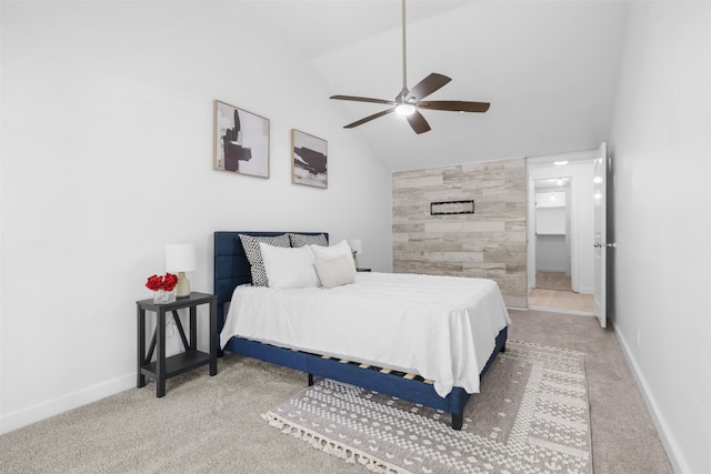 bedroom featuring carpet flooring, ceiling fan, and lofted ceiling