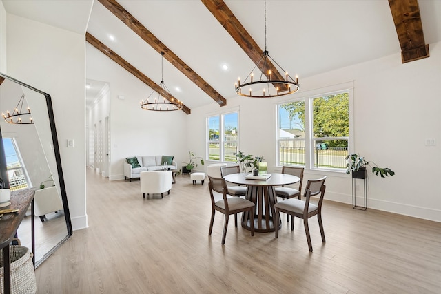 dining area featuring beam ceiling, high vaulted ceiling, and light hardwood / wood-style floors