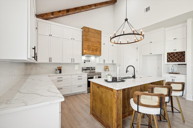 kitchen featuring sink, beam ceiling, light hardwood / wood-style floors, stainless steel range with electric cooktop, and an island with sink