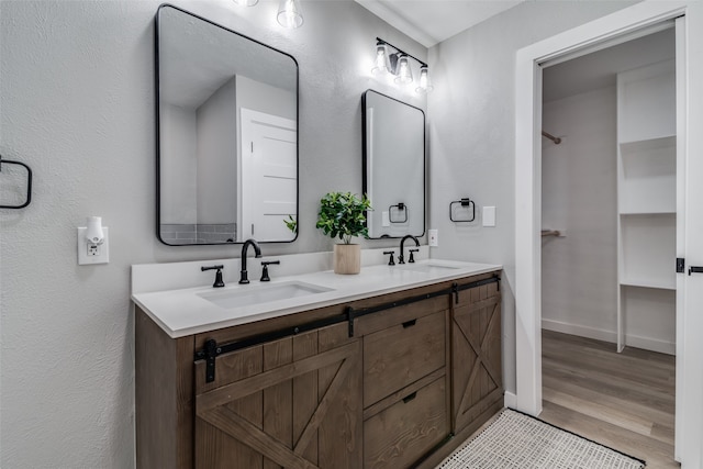 bathroom with hardwood / wood-style floors and vanity