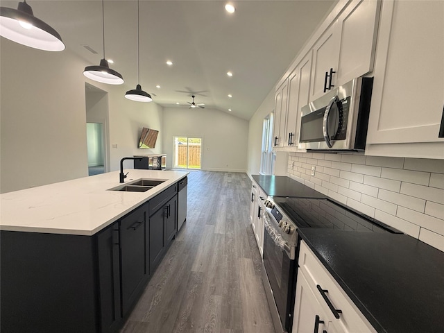 3210 Houston St, Greenville, TX 75401 - kitchen featuring stainless steel appliances, dark wood-style floors, a sink, vaulted ceiling, and ceiling fan