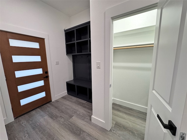 mudroom with wood-type flooring