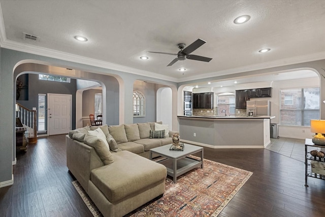 living room with sink, ceiling fan, dark hardwood / wood-style floors, ornamental molding, and a textured ceiling