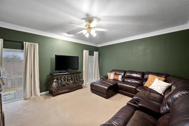 carpeted living room featuring ceiling fan, ornamental molding, and a textured ceiling