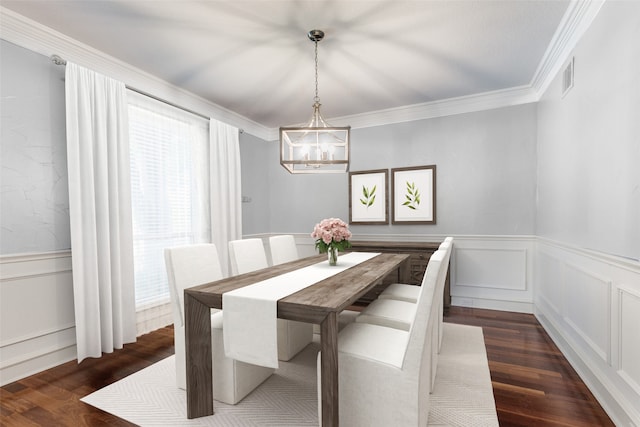 dining space with a chandelier, crown molding, and dark wood-type flooring