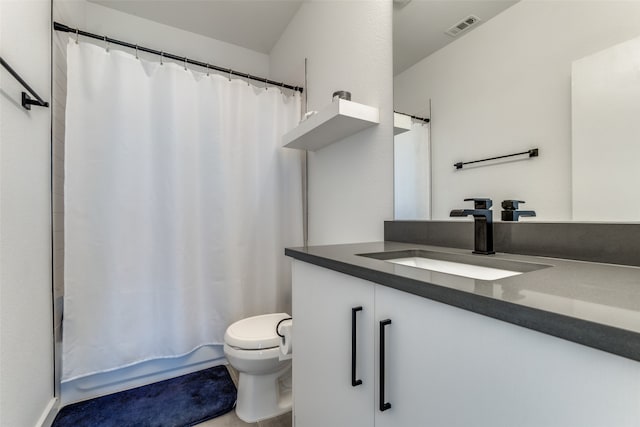 full bathroom with vanity, toilet, and shower / bathtub combination with curtain