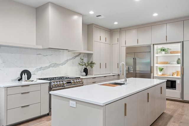 kitchen featuring high quality appliances, backsplash, a kitchen island with sink, sink, and light hardwood / wood-style floors