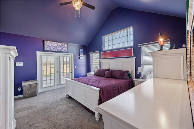 bedroom with access to exterior, light carpet, high vaulted ceiling, and ceiling fan