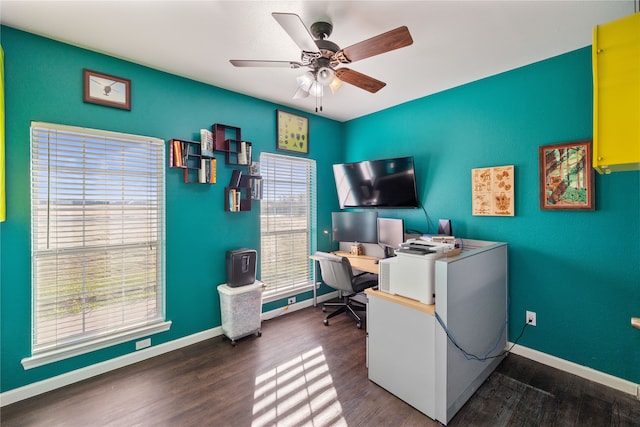 home office featuring ceiling fan and dark wood-type flooring