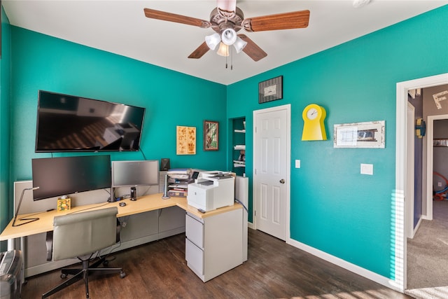 office featuring ceiling fan and dark wood-type flooring