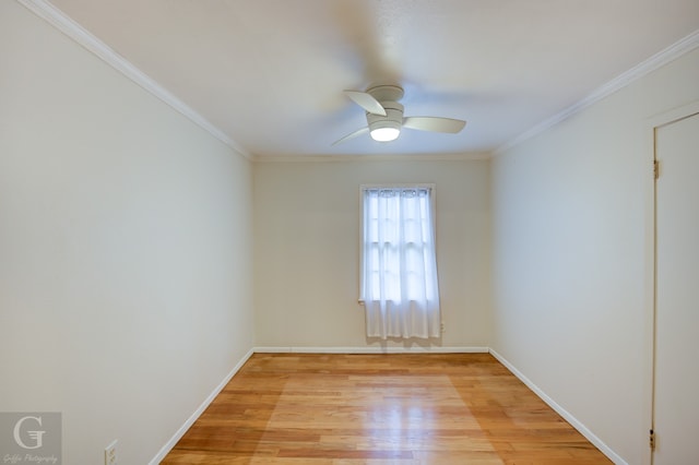 unfurnished room featuring crown molding, ceiling fan, and light hardwood / wood-style floors