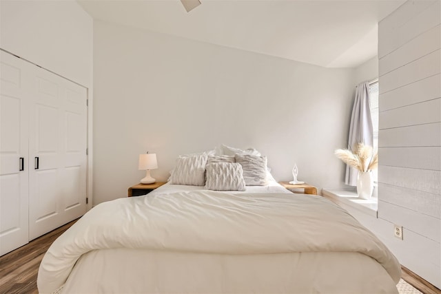 bedroom featuring wood-type flooring and a closet