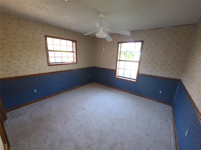 unfurnished room with carpet flooring, a textured ceiling, and ceiling fan