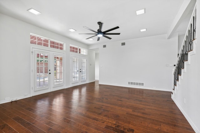 1920 Templehill Dr, Plano, TX 75075 - spare room featuring french doors, ceiling fan, wood-type flooring, stairs, and baseboards