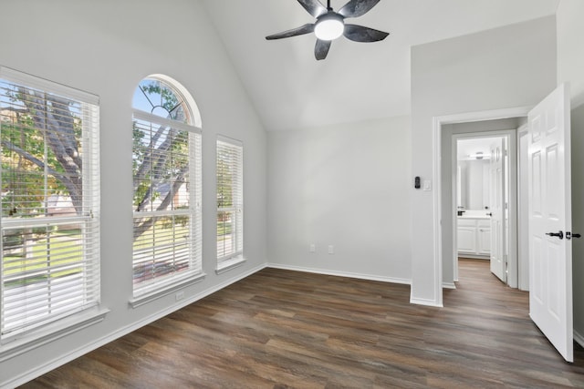 1920 Templehill Dr, Plano, TX 75075 - unfurnished room featuring dark wood-type flooring, a ceiling fan, baseboards, and high vaulted ceiling