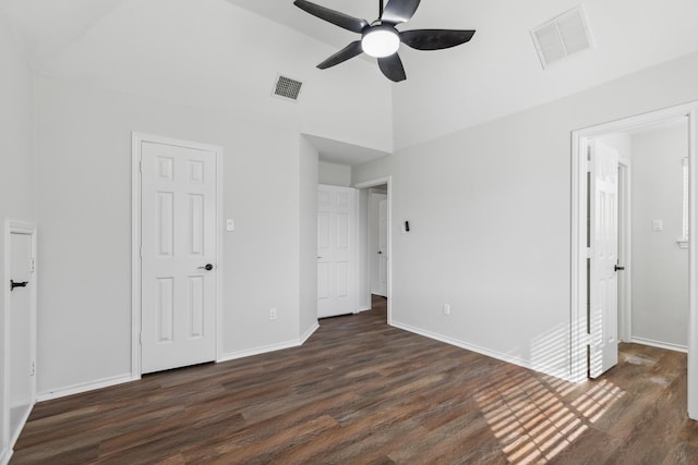 1920 Templehill Dr, Plano, TX 75075 - unfurnished bedroom with dark wood-style floors, baseboards, lofted ceiling, and a ceiling fan