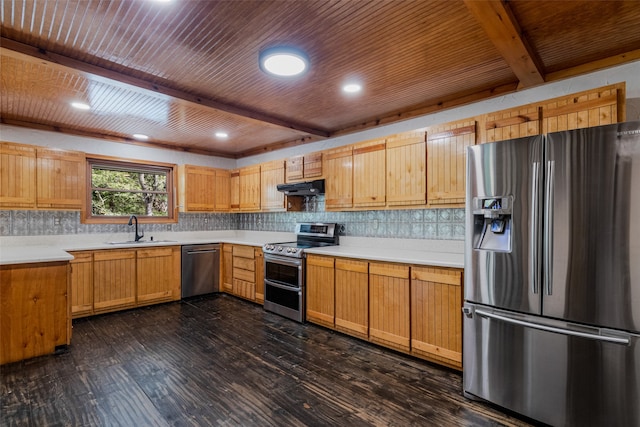 kitchen with backsplash, stainless steel appliances, dark hardwood / wood-style floors, and sink