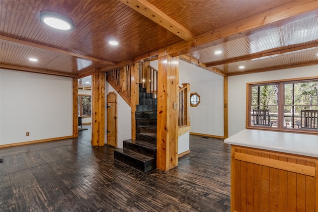 interior space featuring wooden ceiling and dark hardwood / wood-style floors