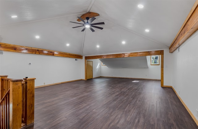 interior space featuring ceiling fan, dark hardwood / wood-style flooring, and high vaulted ceiling