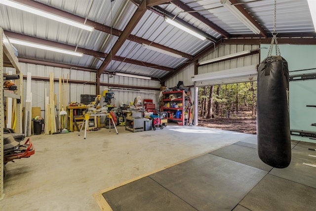 garage with a workshop area