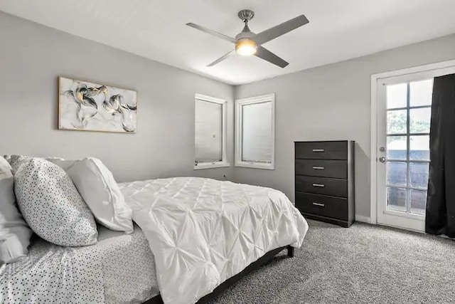 bedroom with access to exterior, carpet, and ceiling fan