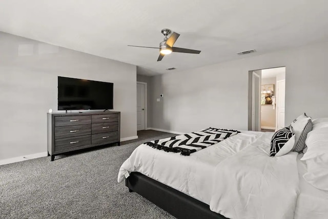 bedroom featuring ceiling fan and carpet