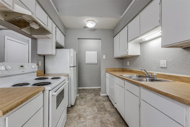 kitchen with white cabinetry, white appliances, and sink