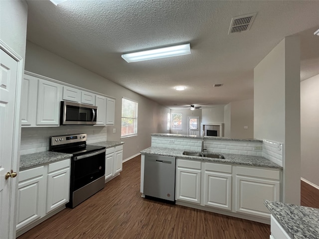 kitchen with white cabinetry, sink, dark wood-type flooring, stainless steel appliances, and backsplash