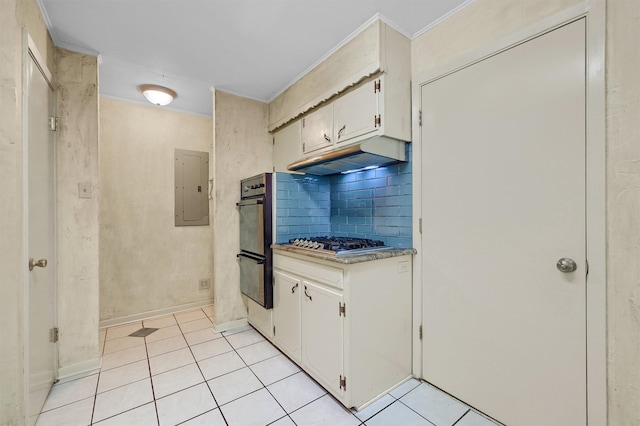 kitchen featuring white cabinetry, backsplash, electric panel, stainless steel gas stovetop, and light tile patterned floors