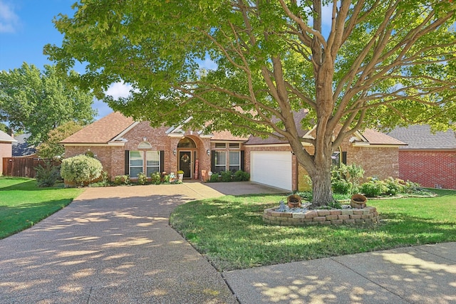 ranch-style house with a front yard and a garage