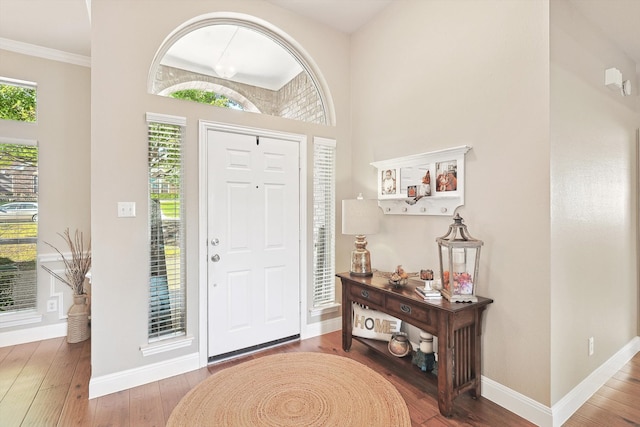 foyer with hardwood / wood-style flooring and ornamental molding