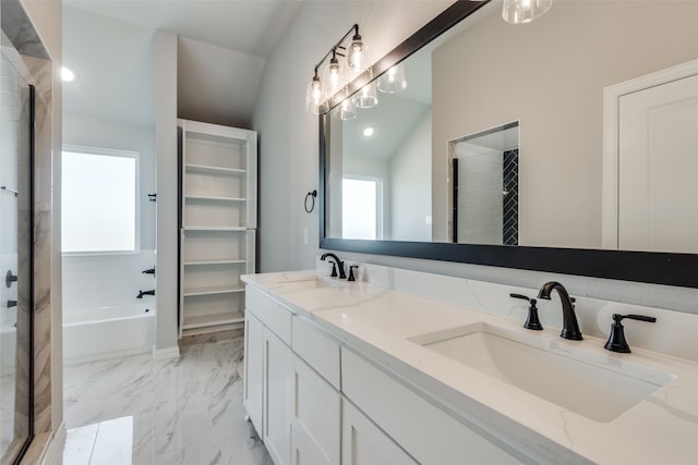 bathroom featuring vanity, lofted ceiling, and plus walk in shower