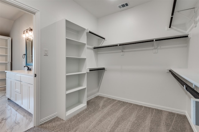 spacious closet with light carpet and sink