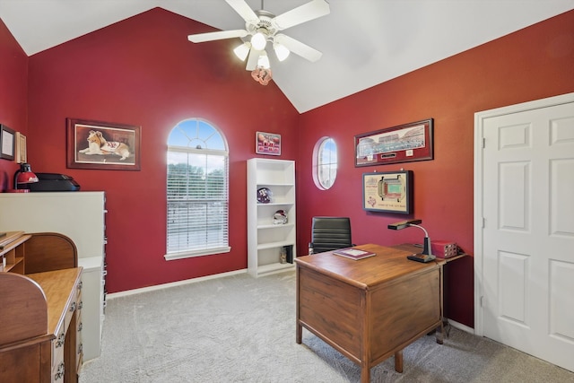 carpeted office with high vaulted ceiling and ceiling fan