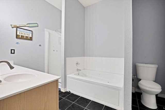 full bathroom featuring toilet, shower with separate bathtub, vanity, and tile patterned floors