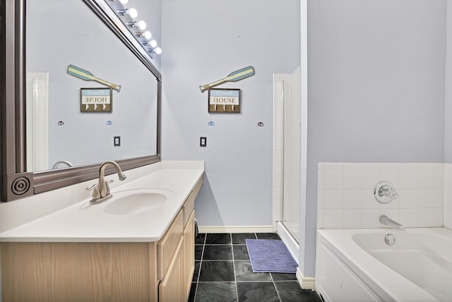 bathroom with tile patterned flooring, vanity, and independent shower and bath